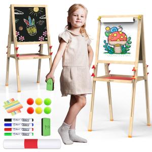 JOYOOSS Art Easel for Kids Ages 4-8 Easels for Toddlers,Toddler Art Kids Easel Adjustable Wooden Magnetic Whiteboard Chalkboard for Kid Dry Erase Board Easel for Toddlers 3-4 Years Dual-Sided Drawing (Red)