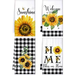 Bencailor 4 Pcs Sunflower Kitchen Towels Spring Summer Gifts Sunflower Floral Hand Dish Towels Absorbent Sunshine Yellow Grid Fast Drying Decor Housewarming Gift for Cooking Bathroom Kitchen Decor