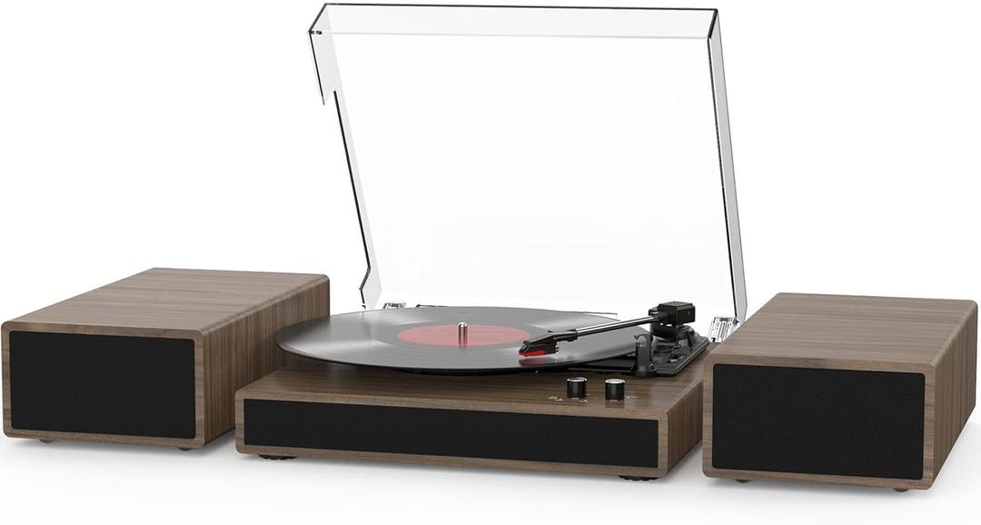 Vinyl Record Player with Dual Stereo Bookshelf Speakers Vintage Turntable with Bluetooth Wireless Playback Belt Drive 3-Speed Playback Record Player Support RCA Out Auto Stop