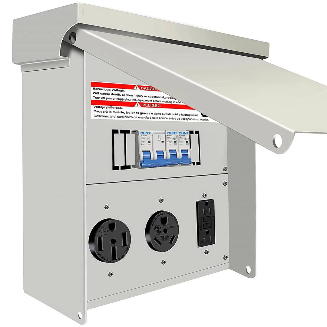 Loveinlast Temporary Power Outlet Panel, RV Electrical Outlet Panel with 20,30,50 Amp Receptacle Installed, with Breaker, Prewired and Unmetered, Weatherproof, Fit for Motorhomes and Construction Sites