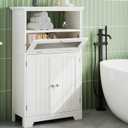 ChooChoo Bathroom Floor Storage Cabinet with Flip Glass Drawer, Freestanding with 2 Doors, Adjustable Shelf & Open Storage for Living Room, Hallway, White, Small