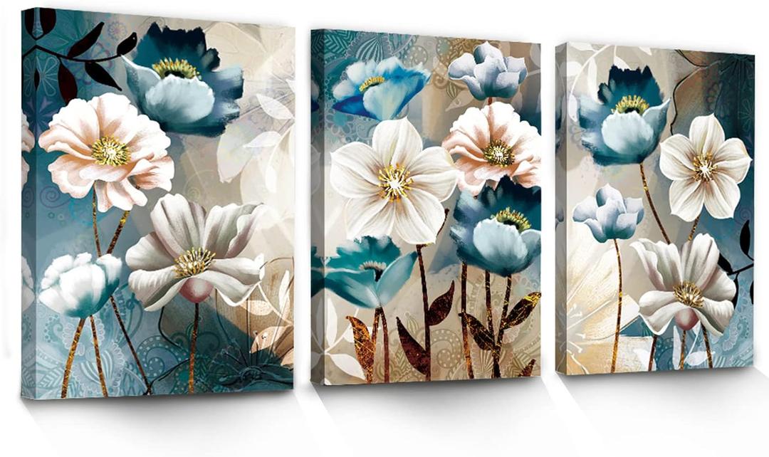 SERIMINO 3 Piece Lotus Flower Canvas Wall Art for Living Room, Blue Floral Picture Wall Decor for Dining Room Bedroom, Art Print Painting for Home Decorations 12"X16" (16L" x 12W", White and Indigo Blue Lotus)