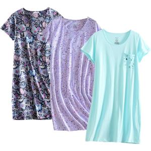 PNAEONG 3 Pack Women's Cotton Nightgown Sleepwear Short Sleeves Shirt Casual Print Sleepdress