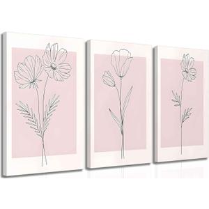 3 Pieces Minimalism Botanical Canvas Wall Art Pink Flowers Line Plants Pictures Wall Decor Posters Print Artwork for Girls' Room Living Room Bedroom Bathroom Office Home Decoration