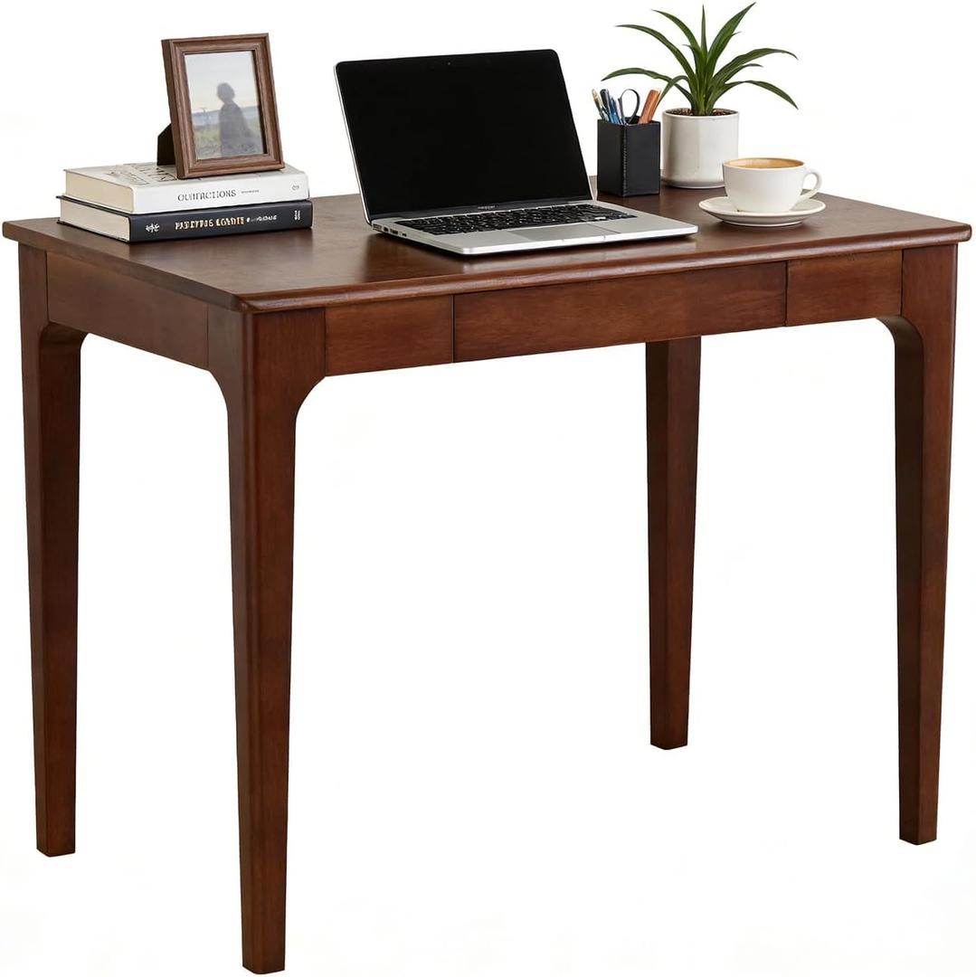 Solid Wood Writing Desk with Storage Drawer for Home Office Bedroom (Walnut, 31.5in)