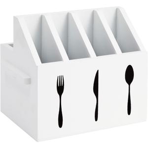 Farmlyn Creek Small Wooden Utensil Holder with 5 Slots for Fork, Knife, and Spoons, Silverware Holder for Countertop, Kitchen Organization, Home, RV, Camper, and Office (White, 7x5.25x6.5 in)