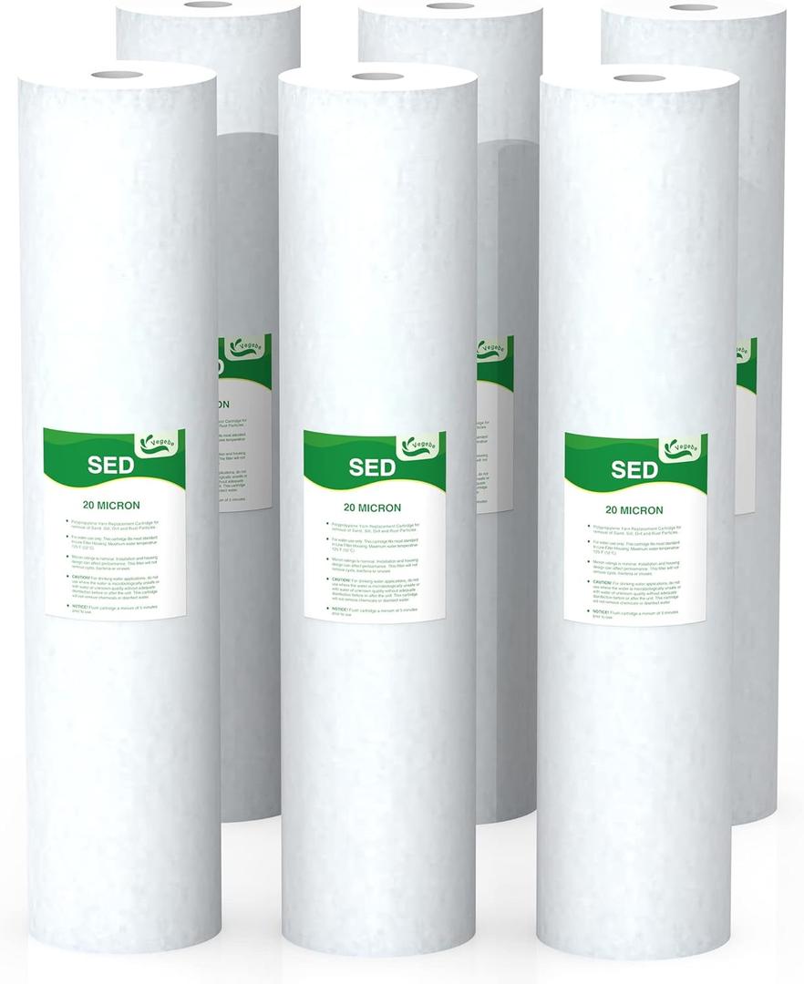 20 Micron Water Filter 20" x 4.5" Replacement Cartridge, 20-inch Sediment Pre-Filters for Whole House Water Filtration, Compatible with SDC-45-2020, FPMB5-20, P5-20, FP25B, 6-Pack