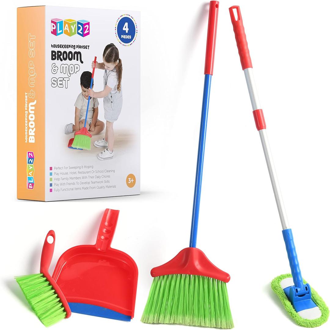 Play22 Kids Cleaning Set 4 Piece - Toy Cleaning Set Includes Broom, Mop, Brush, Dust Pan - Toy Kitchen Toddler Set is A Great Toy Gift for Boys & Girls (child-size)