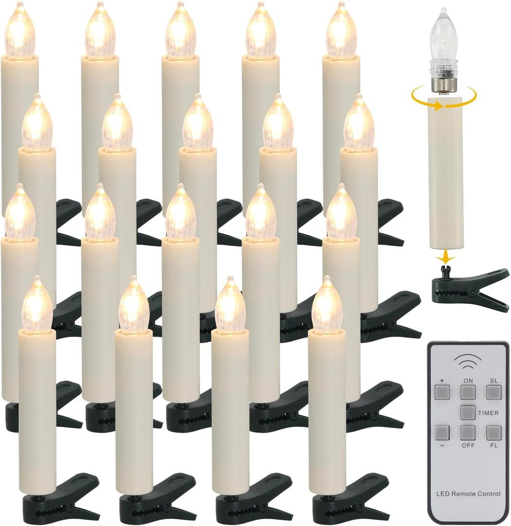 Flameless LED Clips Candles on Christmas Tree Battery Operated Christmas Candle Lights Window Pillar Candles with Remote Timer Perfect for Christmas Holiday Home Wedding Parties Dcor 20pcs