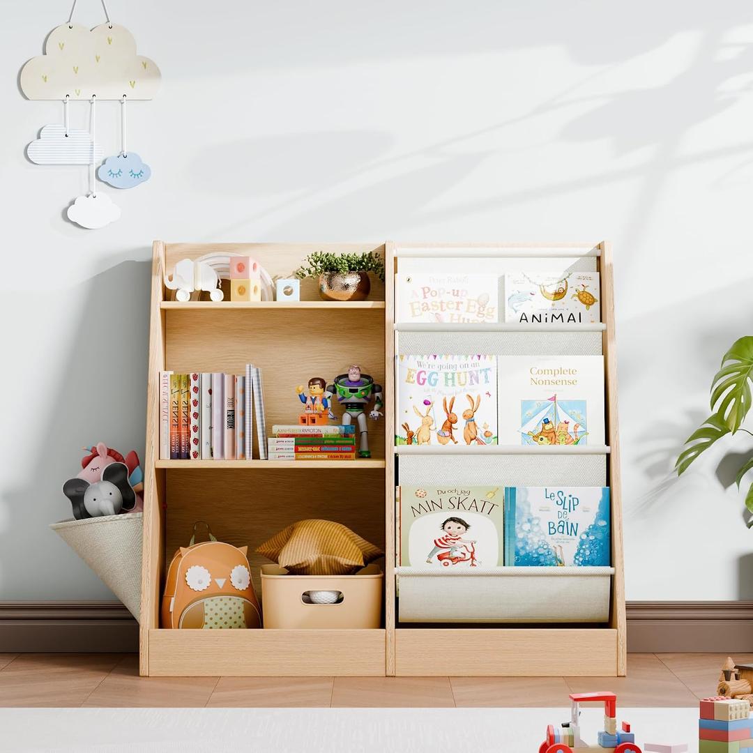 Kids Bookshelf Wooden 3-Tier, Toddler Montessori Bookshelf, Wood 3 Tier/Storage Bag