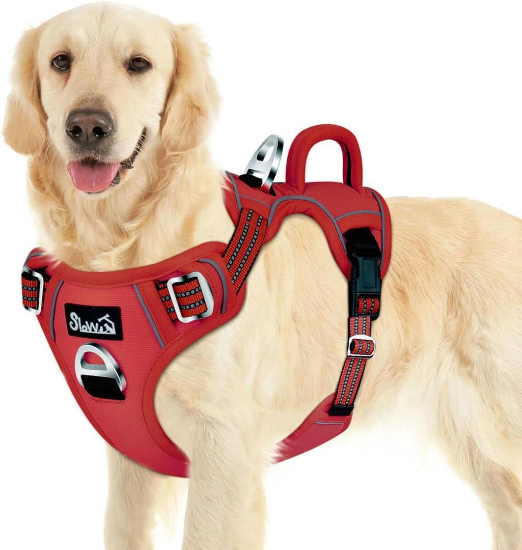 SlowTon No Pull Dog Harness, Heavy Duty No Choke Pet Harness with 2 Leash Clips and Easy Control Vertical Handle, Adjustable Soft Padded Dog Vest for Small, Medium and Large Dogs (Red, Large)
