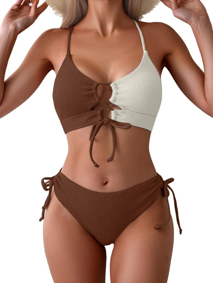 B2prity Women's Sexy Bikini Set Color Block Lace Up 2 Piece Bathing Suit Tie Side Swimsuit (Large)