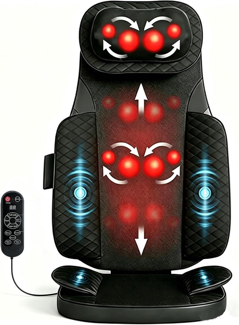Shiatsu Back Massager with Heat, 4D Deep Tissue Kneading Massage Chair Pad, 35cm Long Track Full Back Massager with Vibration for Pain Relief, Office Home, Gifts for Men Women