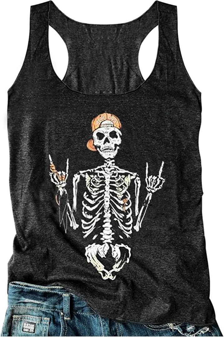 Womens Mandala Vintage Graphic Racerback Tank Tops Summer Casual Loose O-Neck Tanks Vest Vacation Classic-Fit Shirt Cami (XX-Large, Halloween-Skull-Grey)