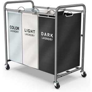 ROMOON Laundry Sorter Hamper 3 Section, Divided Laundry Basket Organizer with Heavy Duty Lockable Wheels and Removable Bags, Rolling Clothes Hamper for Apartment, Dorm & Family (130L Multicolor)