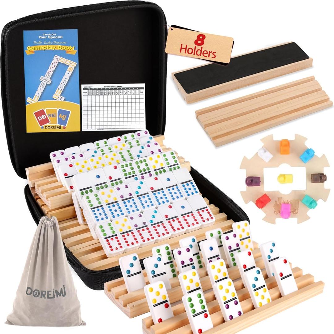 Upgraded Mexican Train Dominoes Set With 8 Wooden Holders, Double 12 Dominos Set For Kids, Adults Travel Domino Train Set With 91 Tiles And Carry Case, Classic Board Games For Family Night