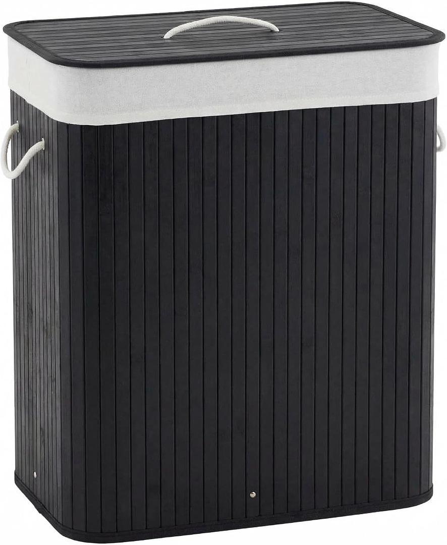 GarveeHome Folding Bamboo Laundry Hamper with Lid, 27.5 Gallon Wooden Laundry Basket with Washable Liner Bag, Slim Clothes Storage Hamper for Small Bedrooms Apartments Dorms (Black - Rectangle), 20.47x12.60x24.80 inches