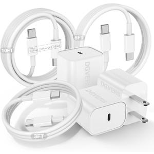 Fast Charger for iPhone 17 16 15 Charger Fast Charging 3Pack, 3+6+10ft USBC to USBC Cable Cord &20W Type C Block for iPhone 17/17 Air/17 Pro Max/17 Pro/16 15 Pro Max/Pro/Plus,iPad Pro/Air/Mini (White)
