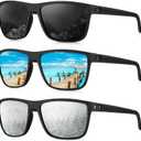 KALIYADI Polarized Sunglasses for Men, Lightweight Sun Glasses with UV Protection for Driving Fishing Golf ((3 Pack) Black/Ice Blue/Silvery)