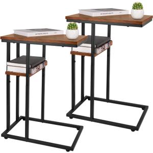Yoobure C Table End Table Set of 2, Side Tables Living Room, C Shaped Side Table, Couch Tables That Slide Under Couch Table with Metal Frame, Rustic Snack Table for Bedroom/Small Spaces Large Desktop (Berry Brown)