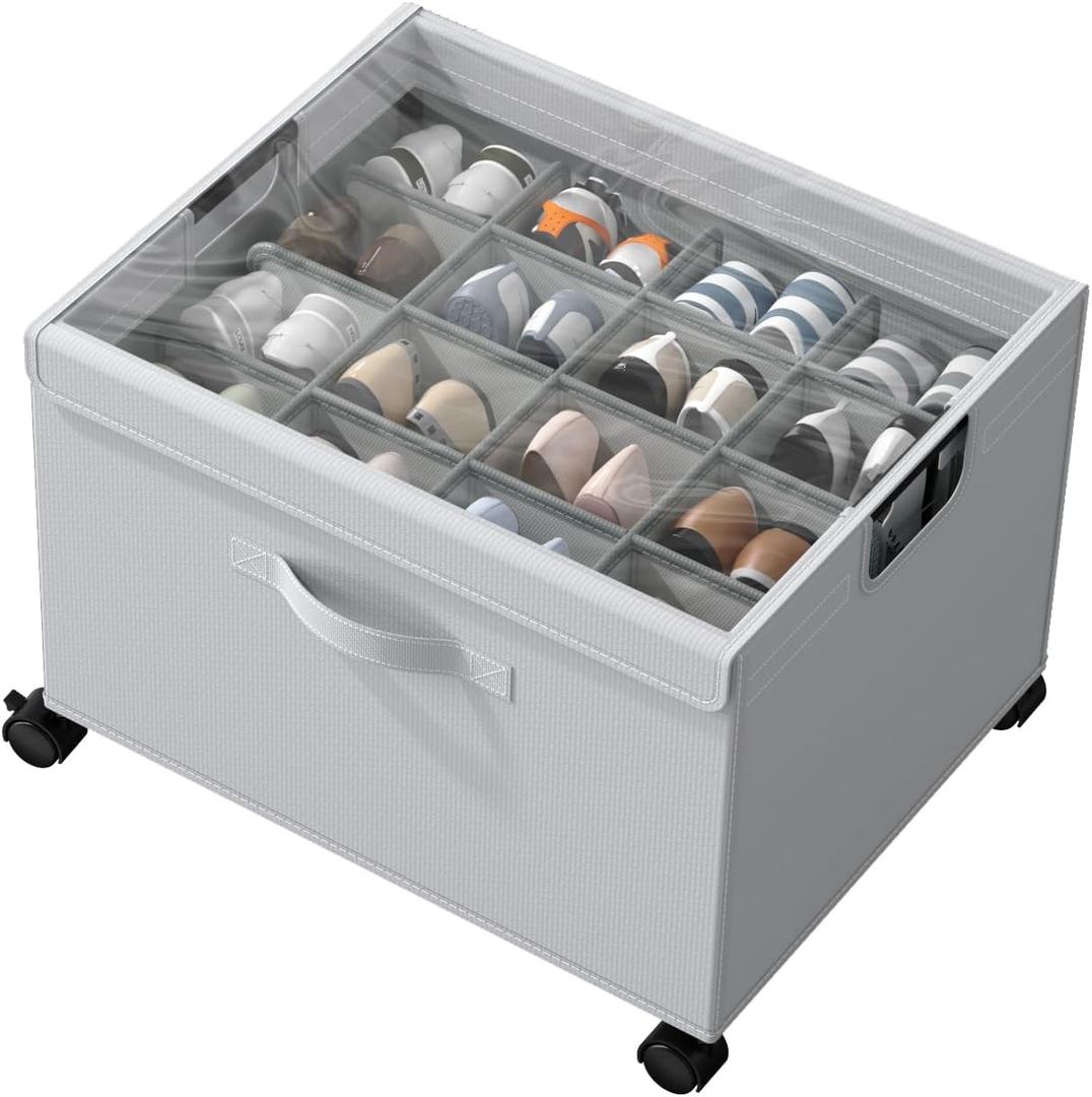 HOUSE AGAIN Shoe Organizer for Closet, Shoe Storage Boxes with 360 Wheels, Sturdy Metal Frame Fits up to 16 Pairs, Boots&Shoes Cubby Storage Containers with Adjustable Dividers and Clear Cover