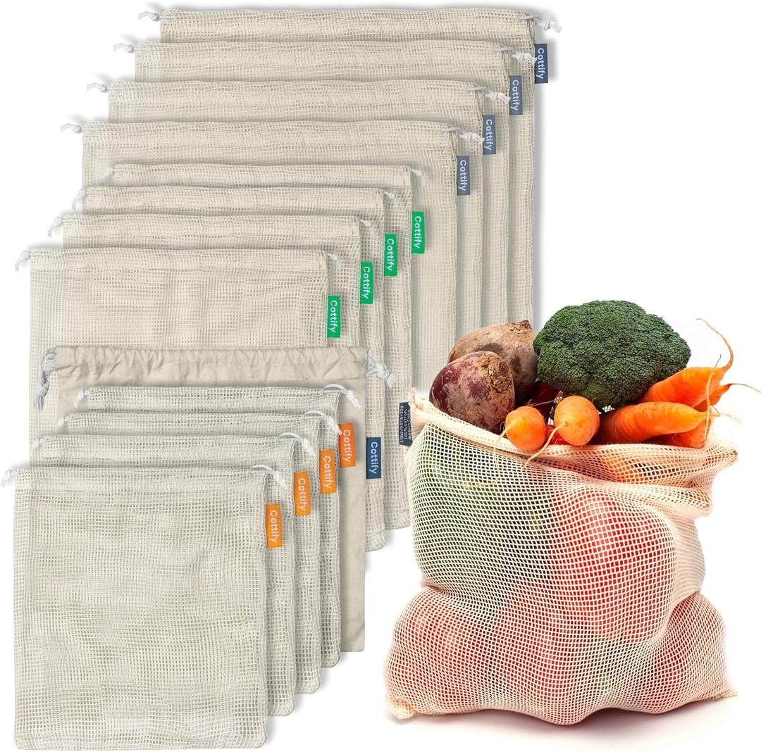 12+1 Reusable Produce Bags Grocery Washable, Organic Cotton Mesh Produce Bags, Double-Stitched & Tare Weigh, Mesh bags for vegetables, Cotton Produce Bags Reusable Washable, Produce bag 4xS, 4xM, 4xL (4x SMALL, 4x MEDIUM, 4x LARGE, 1x CARRY BAG, Natural)