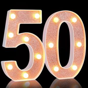 Treela 8.7'' Birthday Decorative LED Light up Numbers, Glitter Marquee Number Sign for Night Birthday Party Decorations Anniversary Bar LED Sign Backdrop Wall Table Centerpieces(50th,Rose Gold)