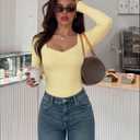 SUUKSESS Women Sweetheart V Neck Long Sleeve Tops Lace Trim Ribbed Modal Fall Going Out Shirts (Yellow, S)
