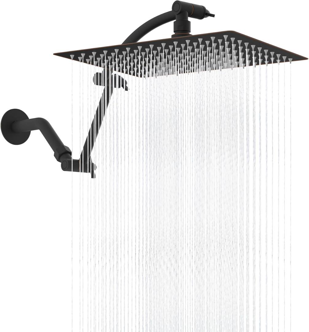 Hibbent All Metal Rain Shower Head, 12'' High Pressure Rainfall Showerhead with 16" Shower Head Extension Arm, Brass Adjustable Shower Arm Extender, Waterfall fixed Showerheads, Oil Rubbed Bronze