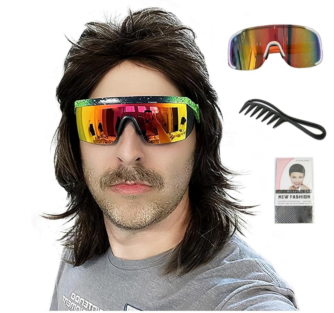 Men's 80s Mullet Wig Set, Vintage Mullet Rock Wig for Country Rocker Halloween Party and Cosplay (Black)