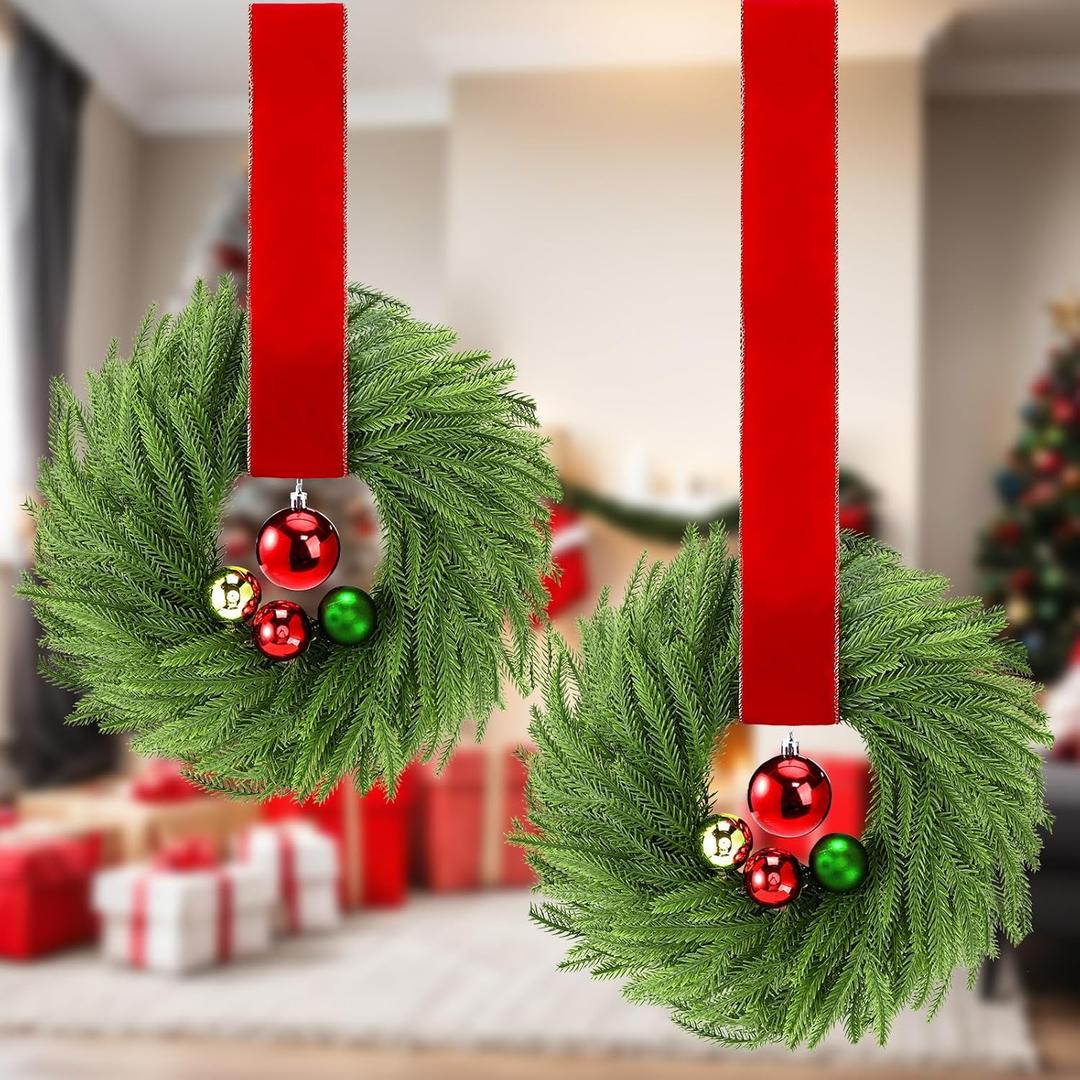Thiccywoov 2 Pcs 14 Inch Christmas Norfolk Pine Wreaths with Balls Mini Artificial Wreaths with Ornaments and Ribbon Xmas Realistic Hanging Pendant for Front Door Fireplace Porch Wall Window Outdoor