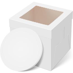 Kootek Cake Box with Board Drum, 10x10x10 Inches Tall Bakery Box with Window, Disposable Cake Container with Lid for Cake, Treat Cookie Dessert, Pastry, Birthday Party, Weddings