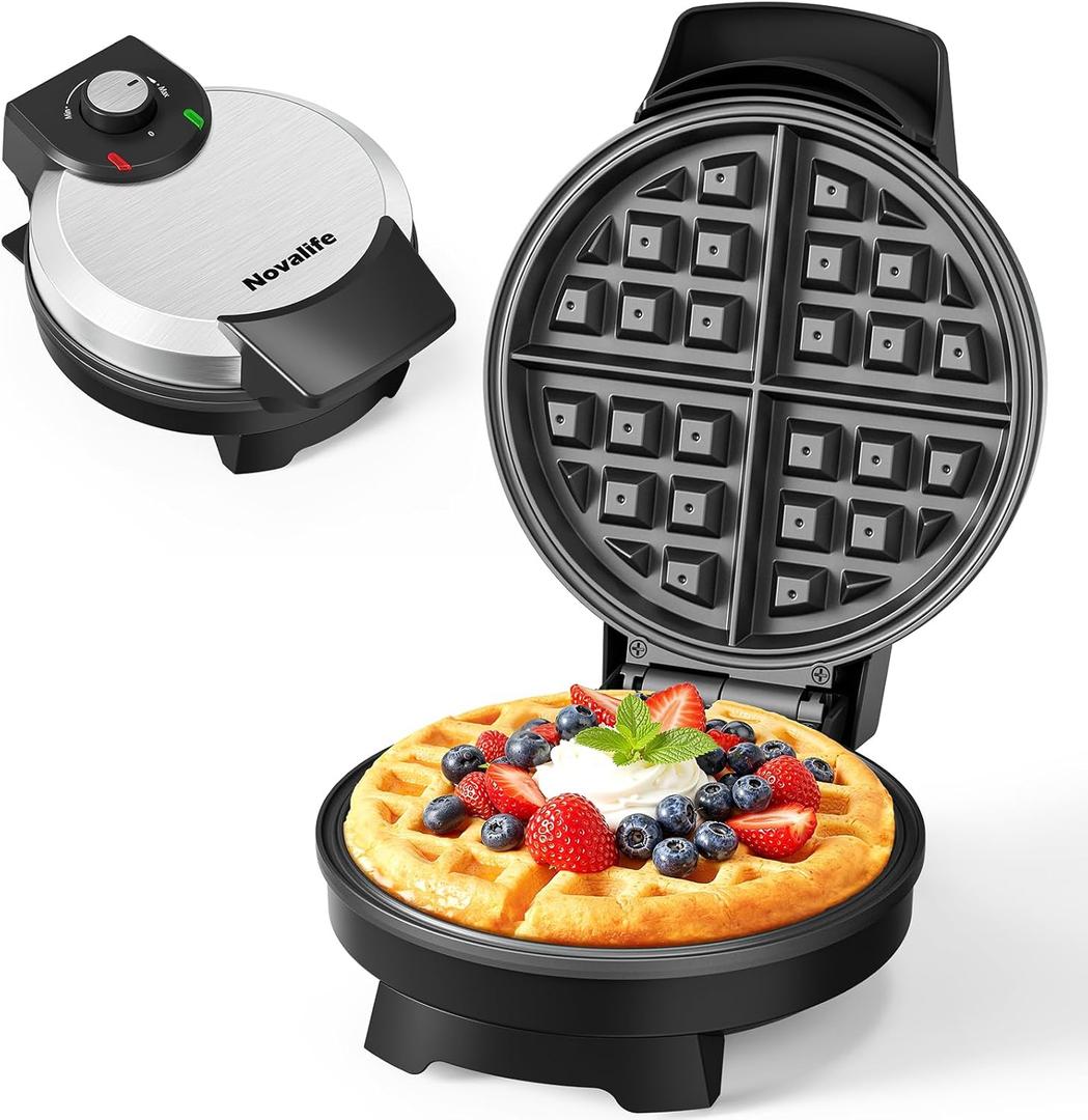 Waffle Maker, 7 Round Classic Belgian Waffle Iron, Adjustable Browning Control, Easy-Clean Nonstick Plates & Cool Touch Handle, Space Saving Storage, Stainless Steel (Black)
