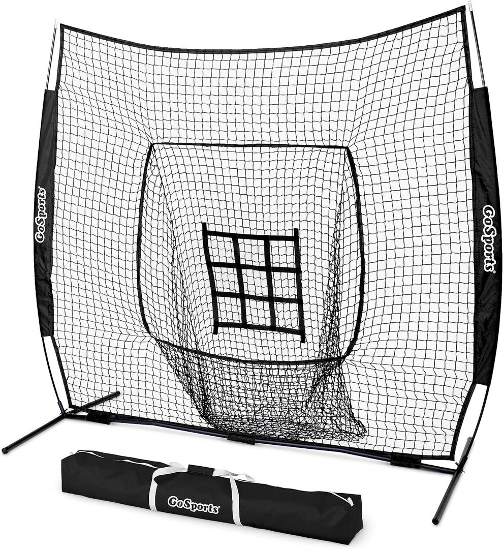 GoSports 7 ft x 7 ft Baseball & Softball Nets - Red, Black, Drip or PRO - Practice Hitting & Pitching Net with Bow Type Frame, Carry Bag and Strike Zone, Great for All Skill Levels