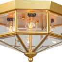 Flush Mount Outdoor Ceiling Light Fixture, 4 Light Exterior Porch Ceiling Lights with Clear Glass, Gold Farmhouse Lighting for Indoor Hallway Kitchen Stairway
