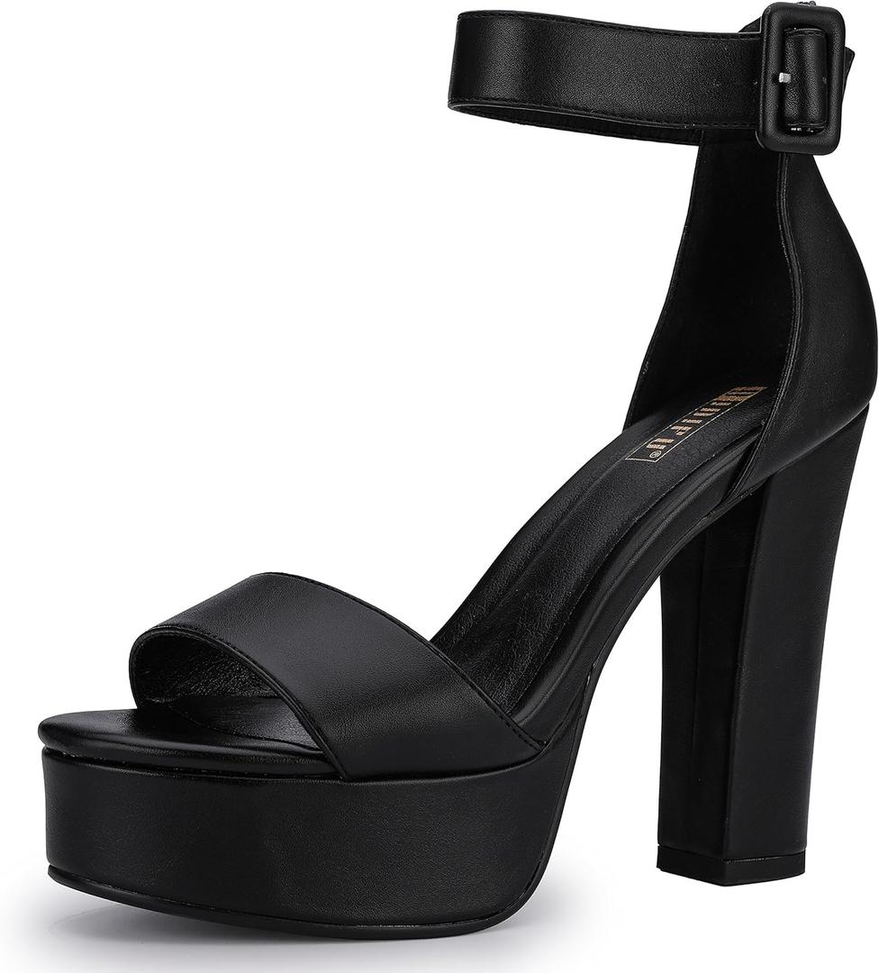 IDIFU IN5 Sabrina Black Heels Platform Block Chunky High Ankle Strap Heeled Sandals Sexy Wedding Party Dress Shoes for Women Open Toe Heels (Black Pu, 9)