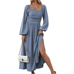 Floerns Women's Square Neck Lantern Long Sleeve Dress Split Ruched Party Midi Dresses Dusty Blue Large