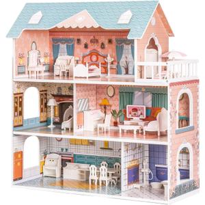 ROBUD Wooden Dollhouse with Furniture Blue for Girls 3-6, 3-6 Years Old