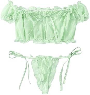 Lilosy Sexy Stretch Ruffle Tie Sheer Mesh Lingerie Set Outfits Size S
