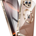 QiiStar Clear Titanium for iPhone 16 Pro Case with Screen Protector [Compatible with MagSafe][Full Camera Cover Protection] Metallic Glossy Luxury Soft TPU Case iPhone 16Pro Phone Cover,Desert Gold