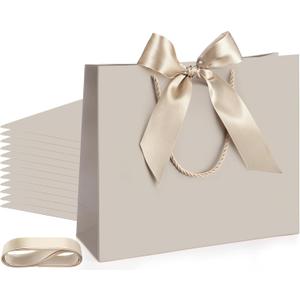 Silkfly 12 Pcs Thank You Gift Bags with Handle 12x10x4'' Welcome Elegant Gifts Bag with Bow Ribbon for Mother's Day Wedding Graduation Bridesmaid Baby Shower Birthday Housewarming (Champagne)