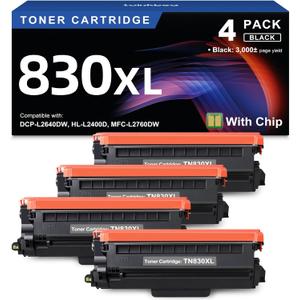 TN830XL Black Toner Cartridge Ink for HL-L2460DW Printer Replacement for Brother TN830 XL TN830 TN-830 Toner Set for DCP-L2640DW HL-L2460DWXL HL-L2405W MFC-L2820DW MFC-L2820DWXL, 4PK (with Chip)