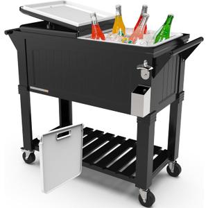 Permasteel Party Cooler with Divider, Spacious 80-Qt Capacity, Chills 36hrs, Serving Tray, Rolling Ice Chest for Indoor and Outdoor Entertainment, Matte Black