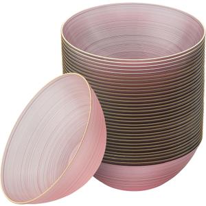 PLASTICPRO 32 Pieces Crystal Design Plastic Bowls 16 ounce Gold Rim Elegant Disposable Plates, Transparent Pink