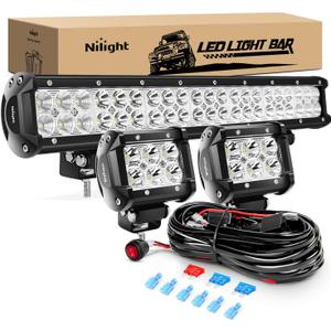 Nilight - ZH002 20Inch 126W Spot Flood Combo Off Road Led Light Bar 2PCS 18w 4Inch LED Pods With 16AWG Wiring Harness Kit-3 Lead For Tractor
