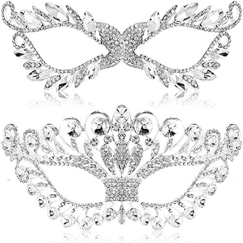 Jecery 2 Pieces Masquerade Mask Rhinestone Fancy Crystal Mask Venetian Party Prom Crown for Women Costume(Elegant Style)