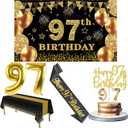 97th Birthday Decorations Men Women with 97th Birthday Banner, Black and Gold Table Cloth, Number Balloons, Large Sash, Cake Topper and Candles