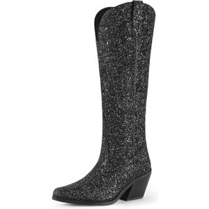 IDIFU IN3 Sparkly Cowboy Cowgirl Boots for Women Knee High Tall Long Glitter Dress Low Chunky Block Heel Sequin Sparkle Wedding Party Date Bride Ladies Bling Shiny Boots (8.5, Black)