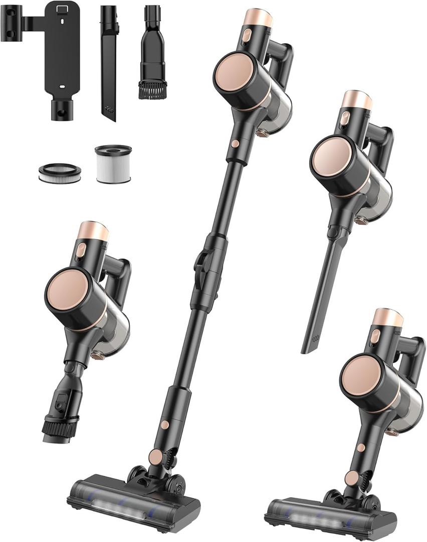 Cordless Vacuum Cleaner, Lightweight Stick Vacuum with Bendable Wand, 40Mins Runtime, 8-in-1 Rechargeable Powerful Suction Vacuum for Home, Pet hair Low-Pile Carpet Hard Floor, Under Furniture (Gold) (Champagne)