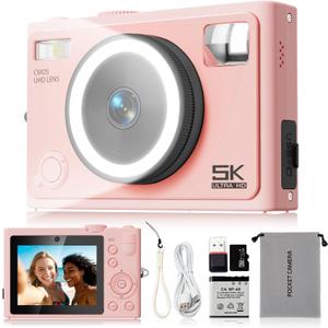 5K Digital Camera  64MP Autofocus Beauty Camera with 360 Ring Light Smart Skin Recognition, 32GB SD Card that Makes Dark Light Shooting Worry-Free, Point and Shoot Camera for Teens Beginners Pink